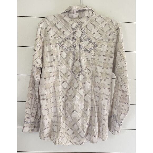 Wrangler Cream Metallic Thread Embroidered Cross Pearl Snap Shirt Ladies Large - Picture 3 of 10
